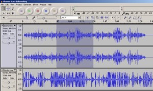 A screen shot from the Audacity program, which SHRA used to convert .wav files to .mp3 files when collecting interviews.  Image credit.