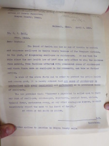 A 1908 letter from the Canyon County Physician instructing a doctor to quarantine all cases of chicken pox and small pox.