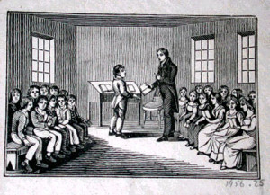 Woodcut of 19th century American classroom. From here.