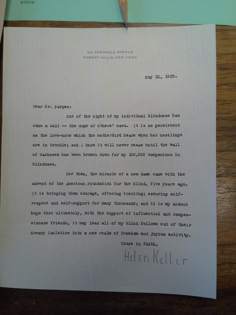 Letter signed by Helen Keller, found at The University of Texas at Austin Briscoe Center for American History